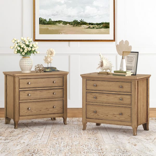 28 in. W Light Brown Wood 3 Layers Storage Nightstand Solid Wood Bedside End Table with Metal Handles Set of 2