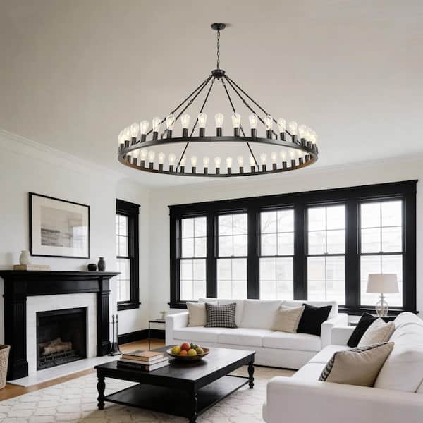42-Light Black Wagon Wheel Chandelier, 64 in. Adjustable Pendant Light for Dining Room and Living Room(No Bulbs)