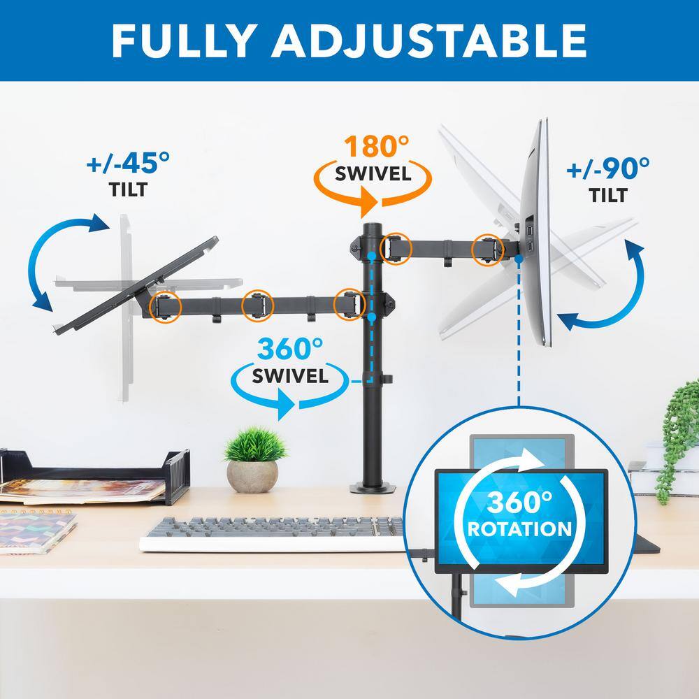Adjustable Black Dual Laptop and Monitor Desk Mount with Ventilated Tray