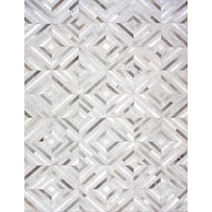 Cowhide Silver 10 ft. x 14 ft. Geometric Cowhide and Sari Silk Area Rug