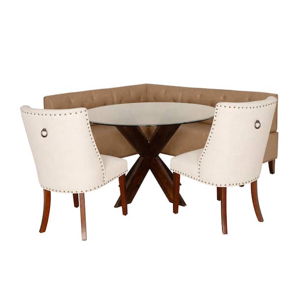 Linon Home Decor Trapp Tan 4-Piece Nook Round Espresso Glass Top Dining Room Set Seats 6