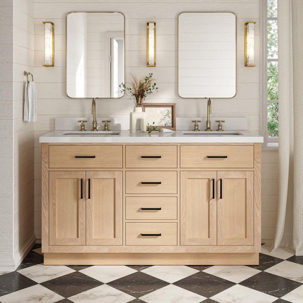 Hepburn 60 in. Double Sink Freestanding Bathroom Vanity in Oak with Pure White Quartz Top price history on PriceWatchPro