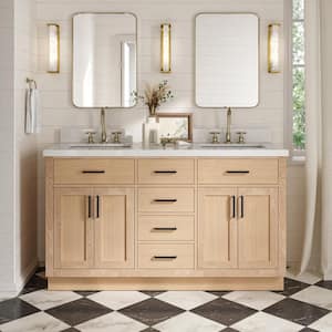 Hepburn 60 in. Double Sink Freestanding Bathroom Vanity in Oak with Pure White Quartz Top