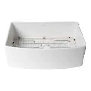 30 in. Farmhouse/Apron-Front Single Bowl White Fireclay Kitchen Sink Workstation with Bottom Grid Included