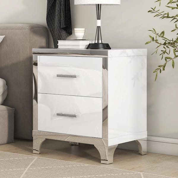 Harper & Bright Designs White Elegant High Gloss 2-Drawer Nightstand with Metal Handle