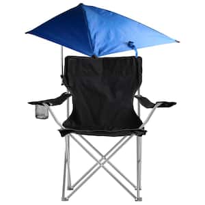 Outdoor Foldable Camping Chair with Detachable Umbrella, Armrest, Adjustable Canopy Stool and Cup Holder Carry Bag