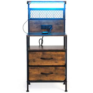 Set of 2 Rustic Brown 2-Drawer Nightstand with Charging Station and LED Lights