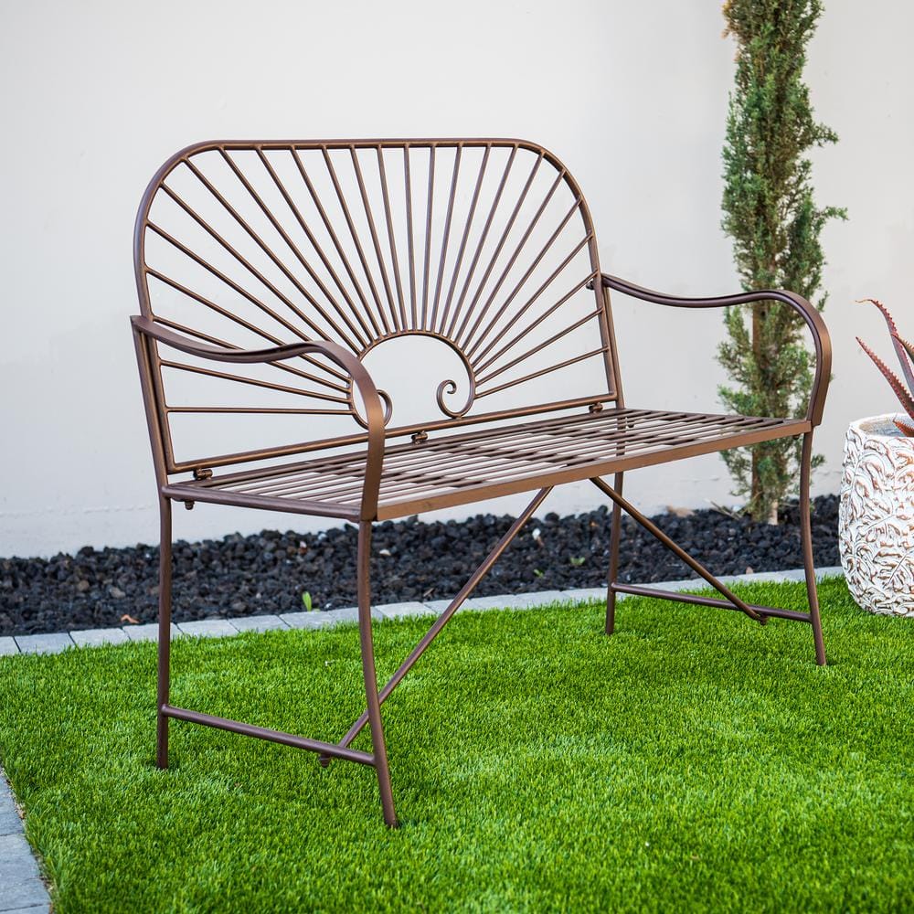 44-Inch Brown Iron Sun-Patterned Garden Bench