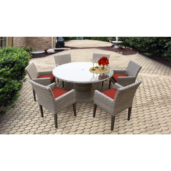 Tk Classics Oasis 7 Piece Outdoor Wicker Patio Dining Set With Terracotta Red Cushions 8837116 - Oasis Patio Furniture Cover