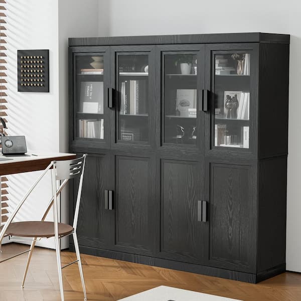 62 in. Tall 62 in. W Black Wood 8-Shelf Standard Bookcase with Adjustable Interior Shelves, Glass Doors Storage