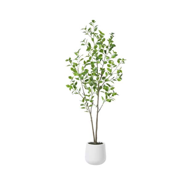 DR.Planzen 5 ft. Faux Ficus Tree with Round White Planter, Pre Potted Faux Greenery Ficus Plant for Home Decor