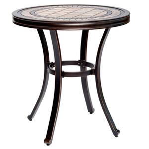 Brown Round Cast Aluminum 28 in Outdoor Bistro Table with a Sophisticated Tile-Top Design