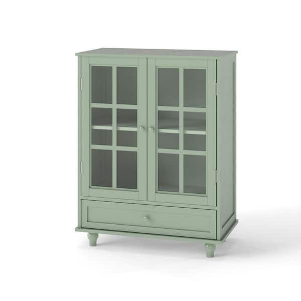 28 in. W x 15 in. D x 36 in. H Modern Wooden Storage Pantry Buffet Cabinet in Green with 2-Glass Doors and 1-Drawer