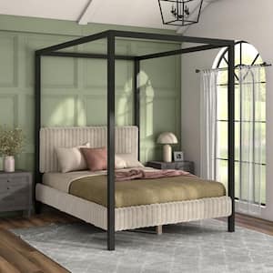Terry Light Brown Poplar Wood Frame Queen Canopy Bed with Corduroy Fabric Upholstery