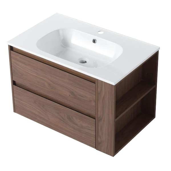 Victoria 30 in. W x 18 in. D x 19 in. H Floating Single Sink Bath Vanity in Walnut with White Acrylic Top and Cabinet