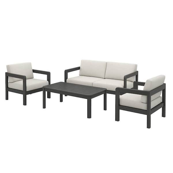 4-Piece Gray Aluminum Outdoor Patio Conversation Furniture Set with Beige Cushions, Weather and Rust Resistant, Seats 5