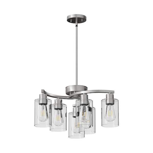 6-Light Silver Pendant Light with Frosted Glass Shade, without light source