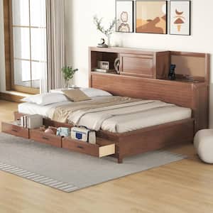 Brown Wood Full Size Daybed with Storage Shelves, 3-Drawers, Cork Board, USB Ports, Slide-Door Compartment