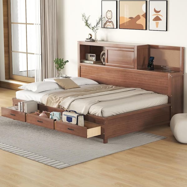 Harper & Bright Designs Brown Wood Full Size Daybed with Storage Shelves, 3-Drawers, Cork Board, USB Ports, Slide-Door Compartment
