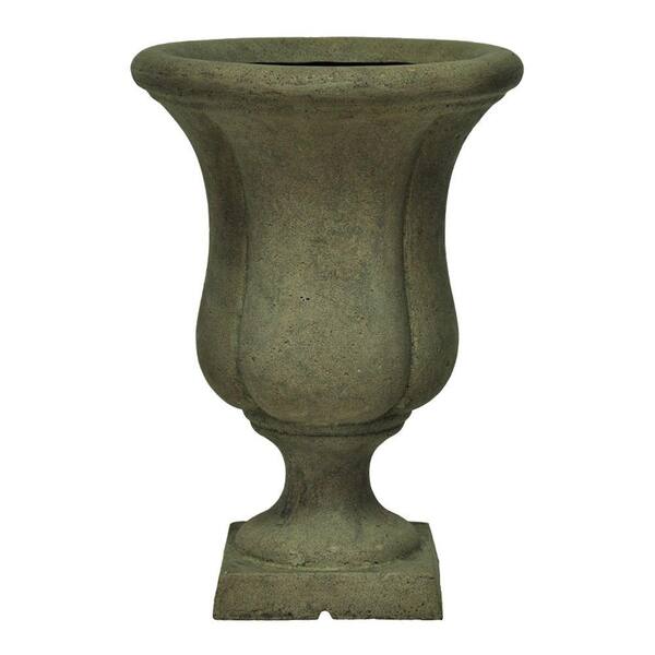 MPG 12 in. x 17 in. Cast Stone Liam Urn on Square Base in Aged Granite