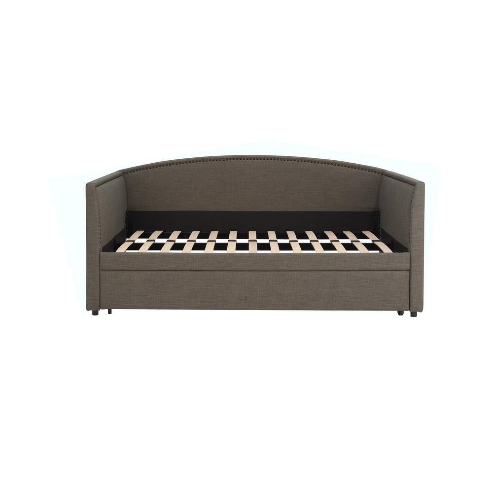 Gray Linen Twin Daybed with Trundle and Nailhead Trim