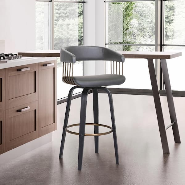 Armen Living Topanga Swivel 30.5 in. Grey, Black and Golden Bronze Wood Bar Stool with Grey Faux Leather Seat