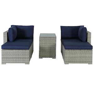 Gray 5-Piece Wicker Metal Patio Conversation Set with Blue Cushions and Coffee Table