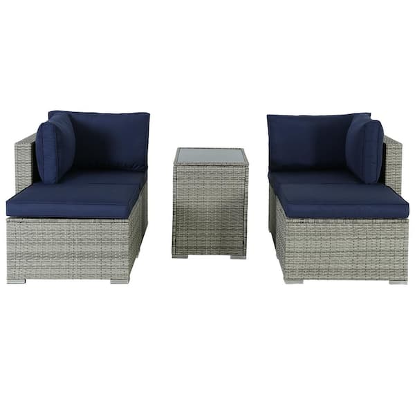 Zeus & Ruta Gray 5-Piece Wicker Metal Patio Conversation Set with Blue Cushions and Coffee Table
