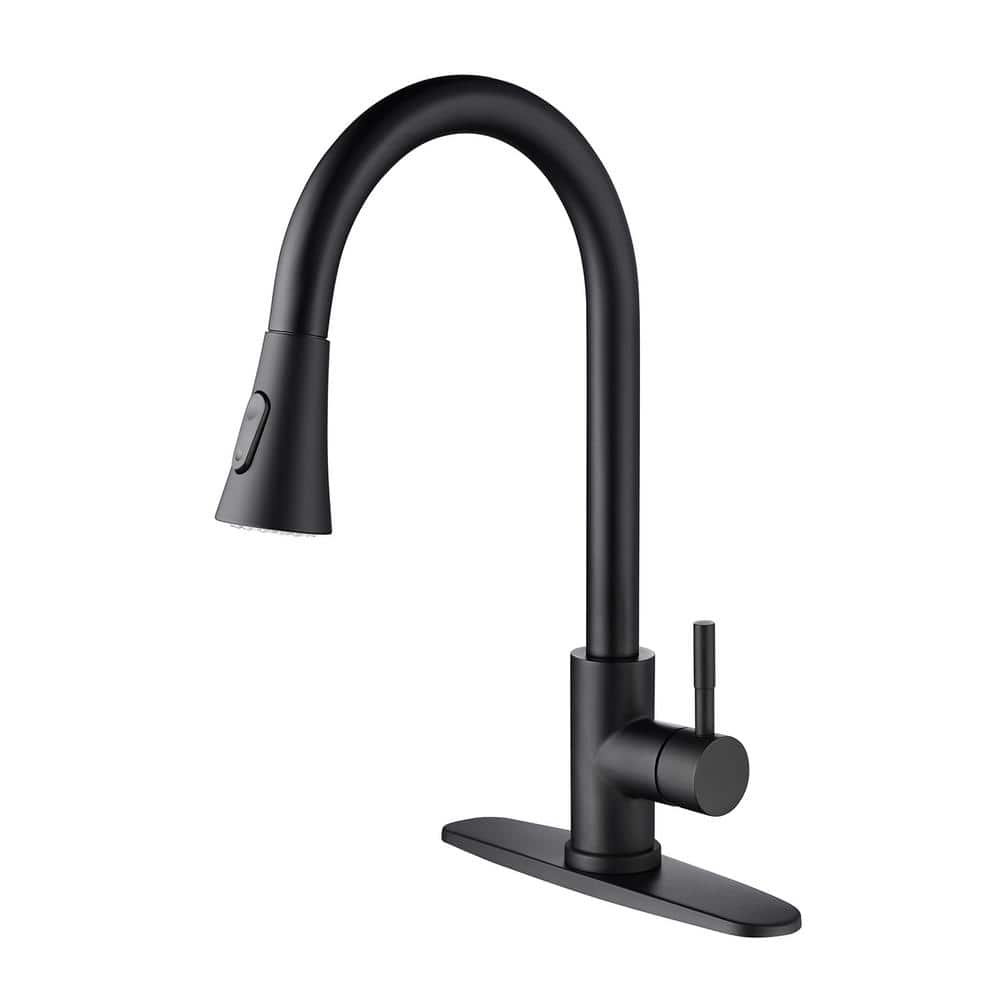 Single Handle Pull Down Sprayer Kitchen Faucet with Deck Plate in Matte Bla