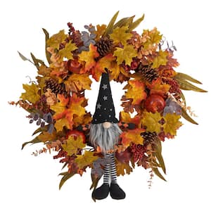 28 in. Orange Harvest Fall Gnome Artificial Autumn Wreath