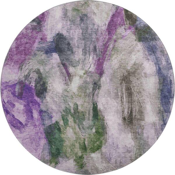 Mayfield Premium Machine Washable Abstract AMF2204 Lavender 8 ft. x 8 ft. Round Rug