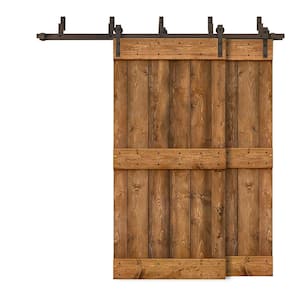 48 in. x 84 in. Mid-Bar Bypass Walnut Stained Solid Pine Wood Interior Double Sliding Barn Door with Hardware Kit
