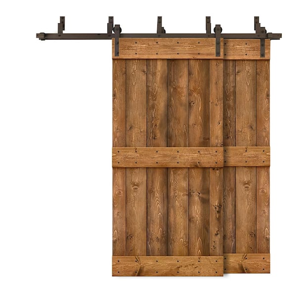 CALHOME 84 in. x 84 in. Mid-Bar Bypass Walnut Stained Solid Pine Wood Interior Double Sliding Barn Door with Hardware Kit