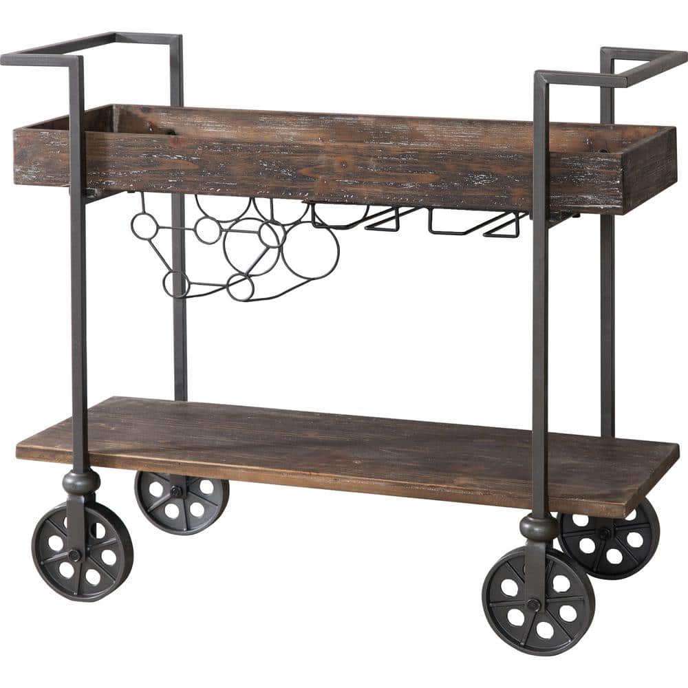 Rustic Brown Industrial Bar Cart with Wine Rack and Wheels