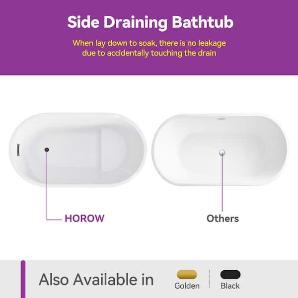 47 in. x 26.8 in. Soaking Bathtub with Side Drain in White/Golden