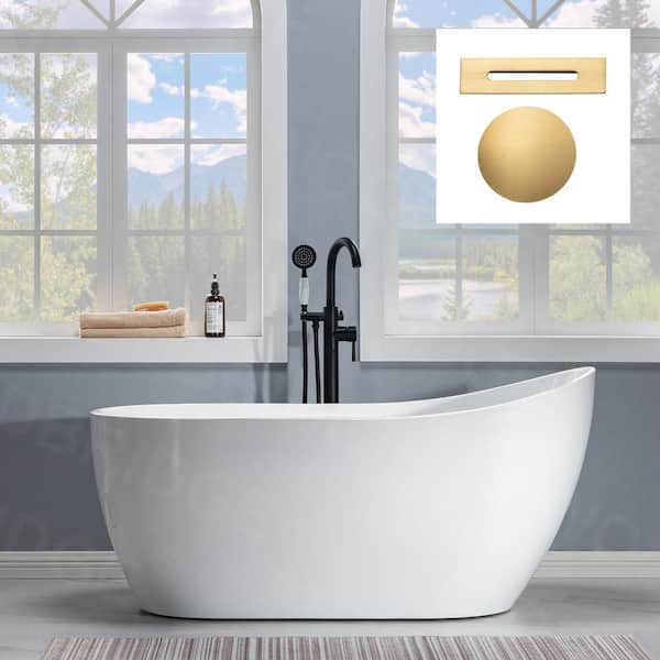 WOODBRIDGE Archie 59 in. Acrylic FlatBottom Single Slipper Bathtub with Brushed Gold Overflow and Drain Included in White