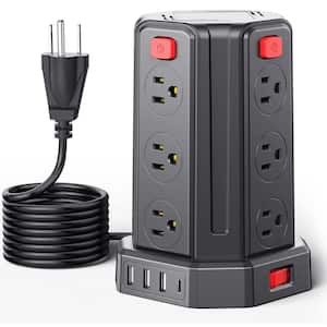 12-Outlet Power Tower Strip Surge Protector with 4 USB Ports Extension Cord in Black
