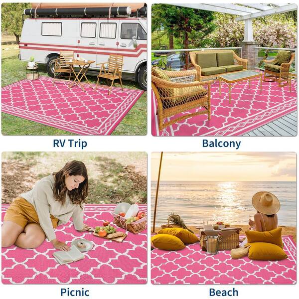 10 X 20 Rose red and white Outdoor Rug with North African/Geometric Print Plastic Straw Mat, Collapsible, Washable
