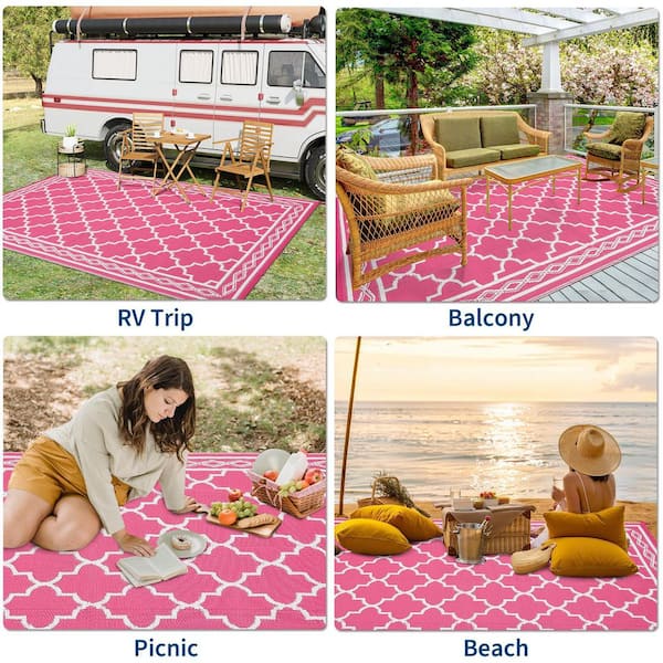 8ft. x 10ft. Outdoor Rug with North African/Geometric Print Plastic Straw Mat, Collapsible, Washable for Patio, Deck