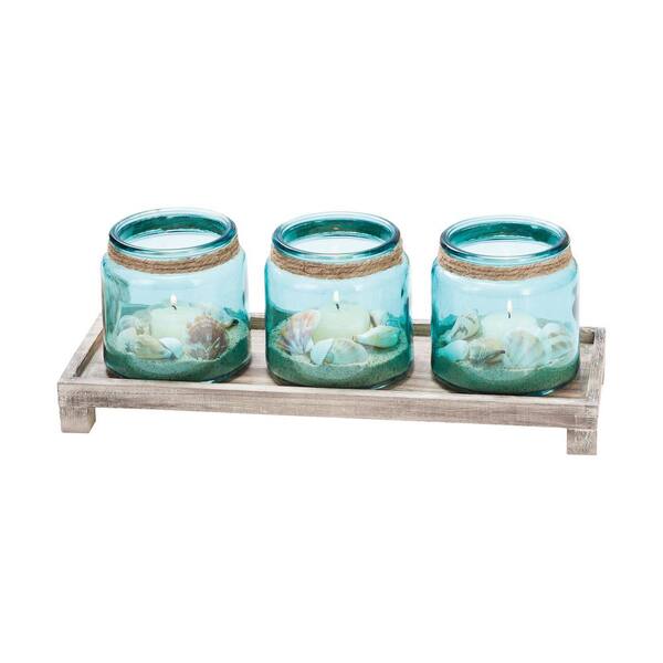 Titan Lighting Waverly 5 in. x 14 in. Ashwood And Azure Glass Tray Candle Holder