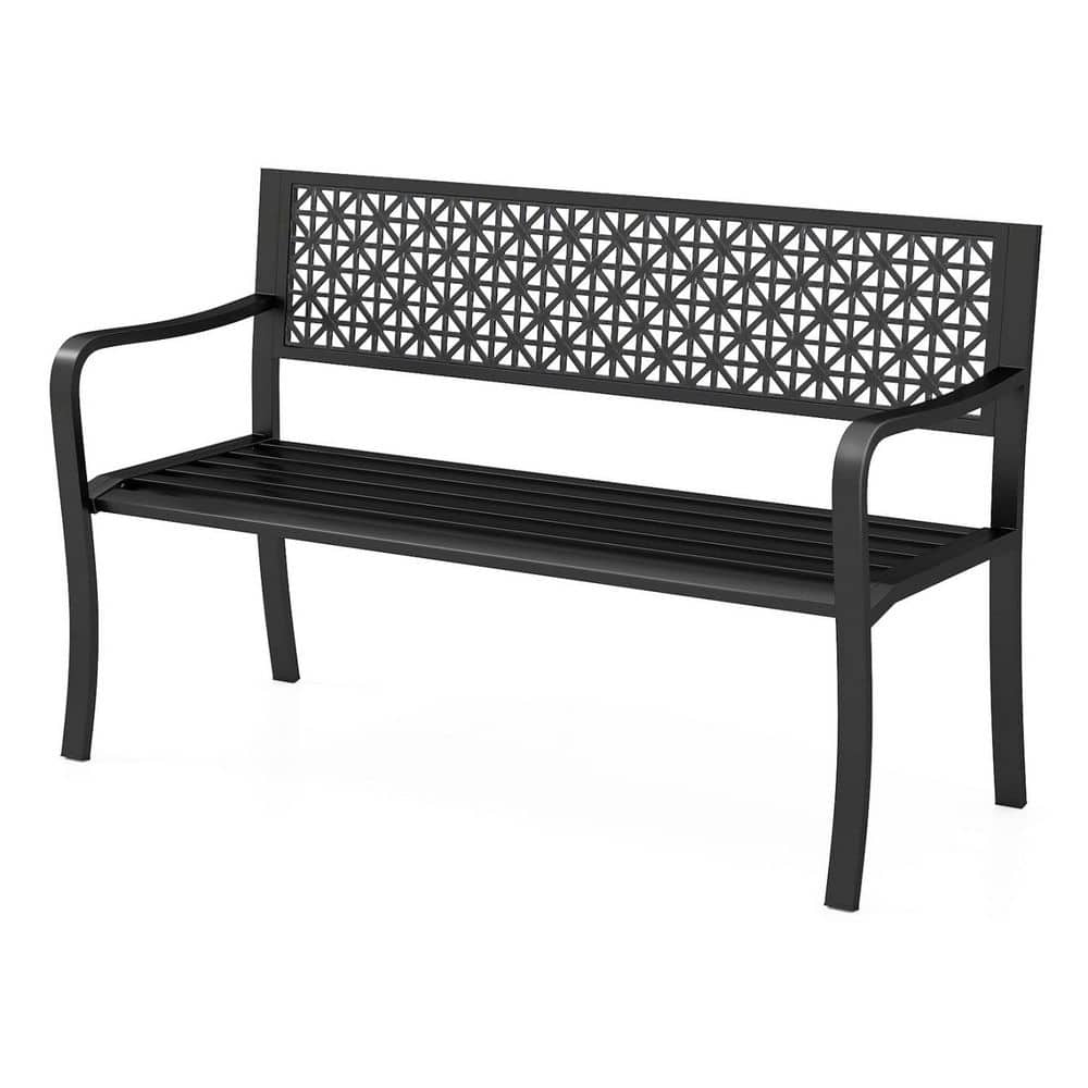 50 in. W Black Metal Outdoor Garden Bench with Patterned Backrest ...
