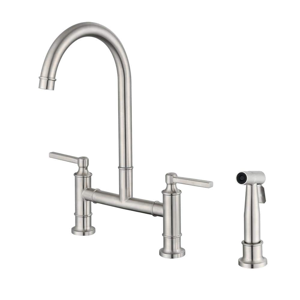 Double Handle Bridge Kitchen Faucet With Side Sprayer, Deck Mount 3 Holes K