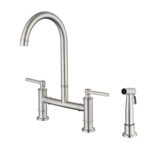 Double Handle Bridge Kitchen Faucet With Side Sprayer, Deck Mount 3 Holes Kitchen Sink Faucet in Brushed Nickel