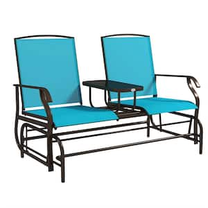 57.9 in. W Blue Metal Outdoor Glider with Center Table, Breathable Mesh Fabric and Armrests for Backyard Garden Porch