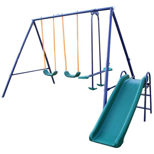 GOGEXX 124 in. L x 74 in. W x 73 in. H 4-in-1 Metal Outdoor Playground Equipment Kids Swing 1 Glide 1 Slide Playset (Set-2)