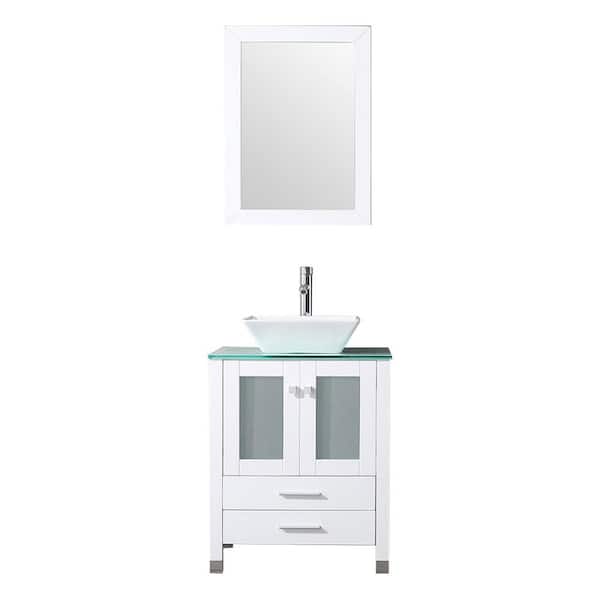 Wonline Wonline 24 in. W x 21.7 in. D x 60 in. H Single Sink Bath Vanity in White with Green Glass Top and Mirror