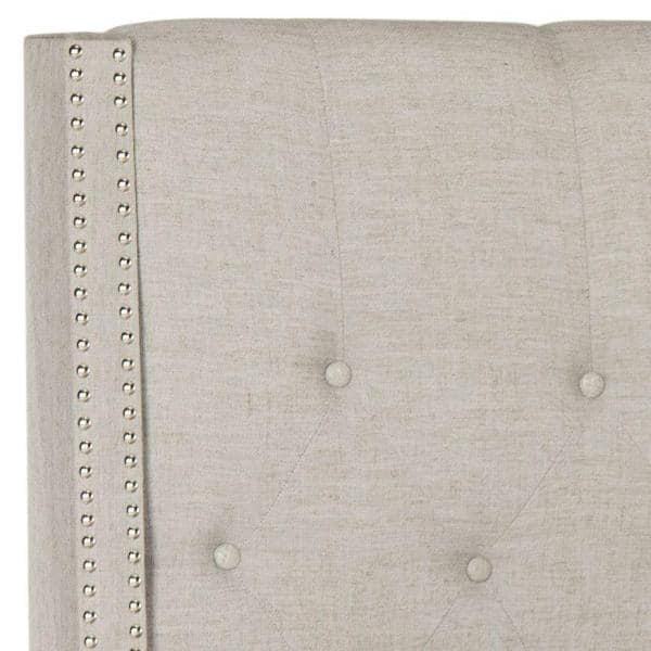 Transitional Beige Linen Full-Size Platform Bed with Nailhead Trim