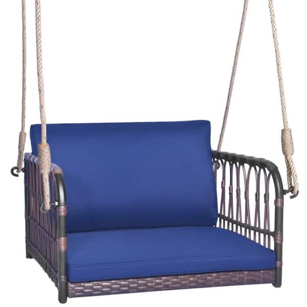 Kadehome 1-Person Wicker Hanging Porch Swing with Cushions and Ropes