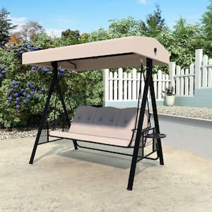 3-Person Metal Patio Swing Chair With Converting Canopy Porch Swing With Detachable Cushion and Side Trays, Beige