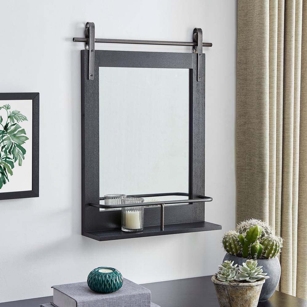 Black Wood Rectangular Barn Door Mirror with Shelf
